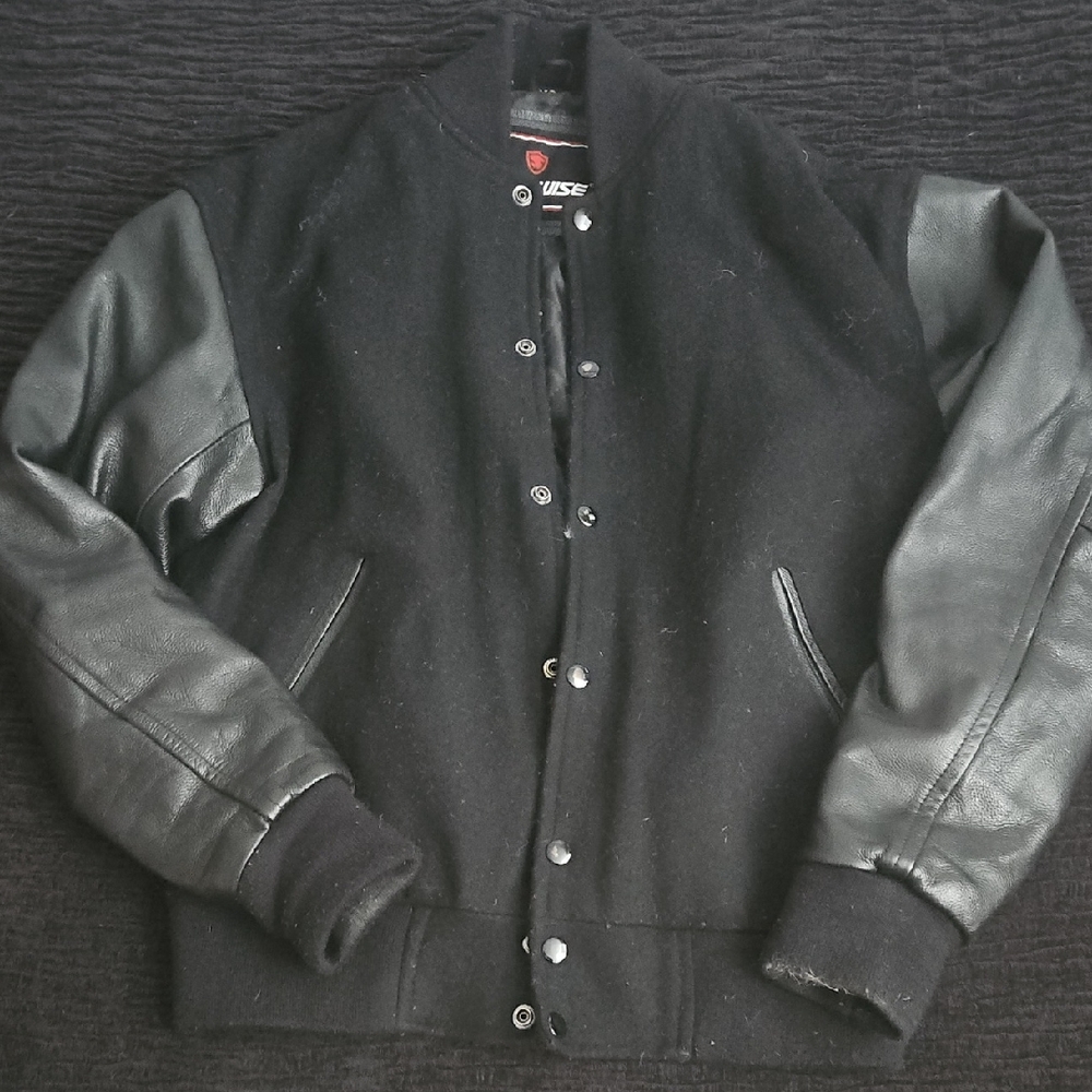 Classic Black Bomber Jacket with Leather Sleeves